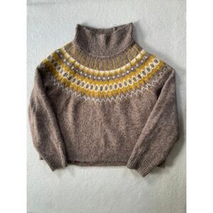 Gap Women Large Sweater Brown Fair Isle Mock Neck Knit Pullover Cottagecore Soft